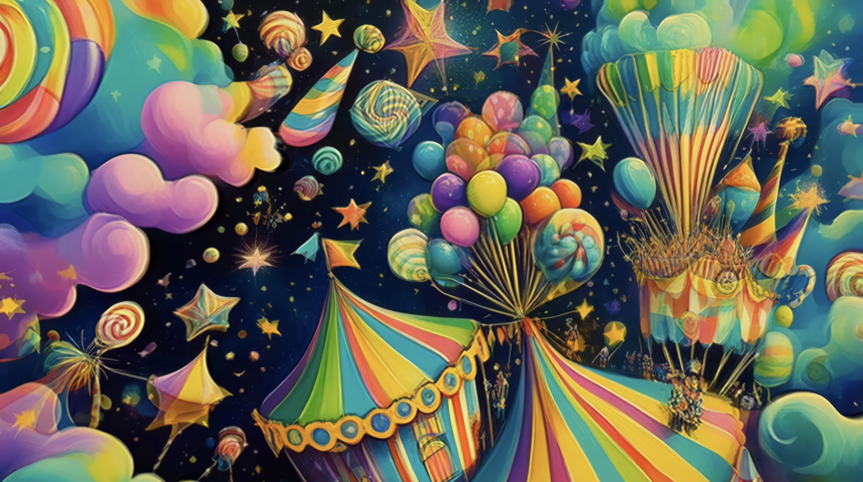 Balloons and carnival magic floating into the cosmos, a scene from the Cosmic Clown Parade.